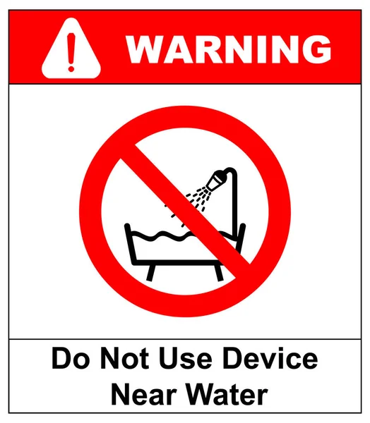 Do not use this device in a bathtub, shower, or water-filled reservoir sign. Vector illustration — Stockvector