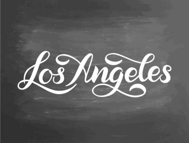 Los Angeles, ABD selamlar. Tipografi poster, tasarım yazı. Elle çizilmiş fırça hat, t-shirt, kartpostal, poster için metin. Vektör çizim. Kara tahta dokulu arka plan
