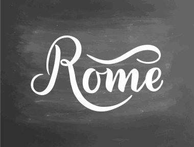 Roma, İtalya. Şehir tipografi tasarım yazı. Elle çizilmiş fırça hat. Vektör çizim. Kara tahta arka plan dokulu. Tipografi poster