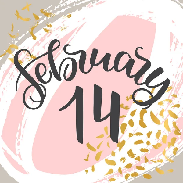 Handlettering 14th February. Romantic saying for greetings, poster or decoration for Valentine s day. On abstract colorful background. Grey ink brush lettering. — Stock Photo, Image