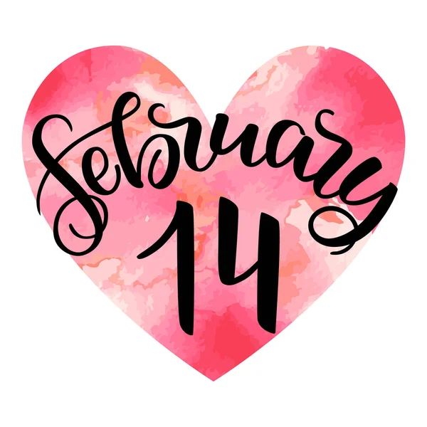 Handlettering 14th February. Romantic saying for greetings, poster or decoration for Valentine s day. Isolated on white background. Black ink brush lettering. Watercolor red heart. — Stock Photo, Image