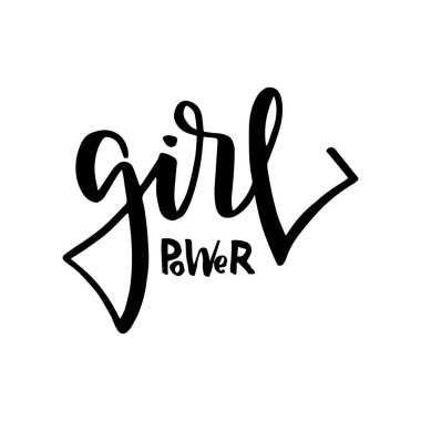 Kız güç metin, feminizm sloganı. T-shirt, posterler ve duvar sanatı için siyah yazıt. Feminist işareti mürekkep ve fırça ile el yazısı. Modern handlettering beyaz harflerle izole.
