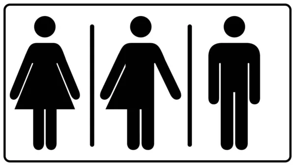 Cinsiyet tuvaleti tabelası. Erkek, kadın transseksüel. Vektör çizimi. Beyazda siyah semboller var. Zorunlu bayrak. Kadın, erkek ve transseksüel insan siluetleri.