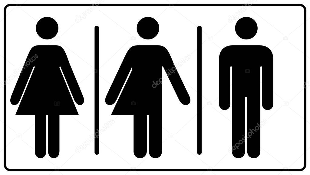 All gender restroom sign. Male, female transgender. Vector illustration. Black symbols isolated on white. Mandatory banner. Set of female, male and transgender people silhouettes