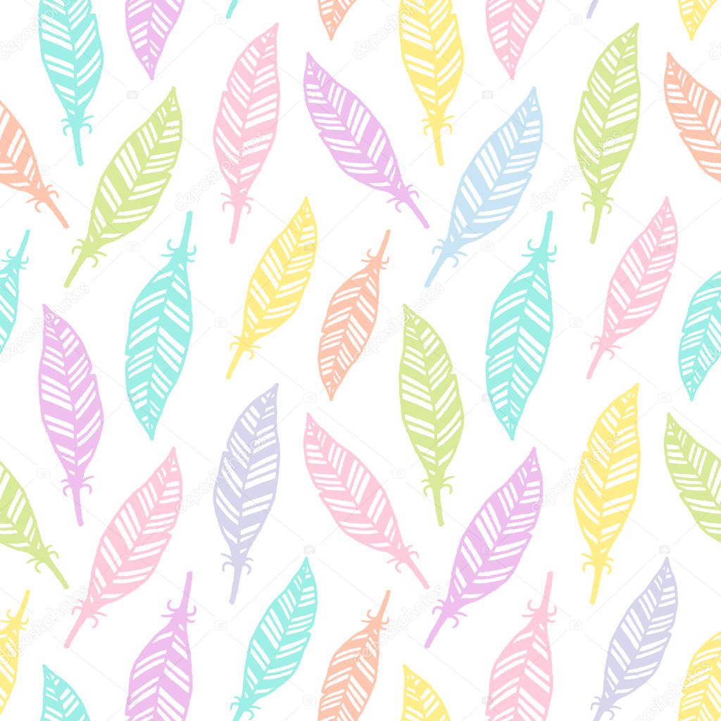 Hand drawn feather seamless pattern. Soft colored feather pattern for ...