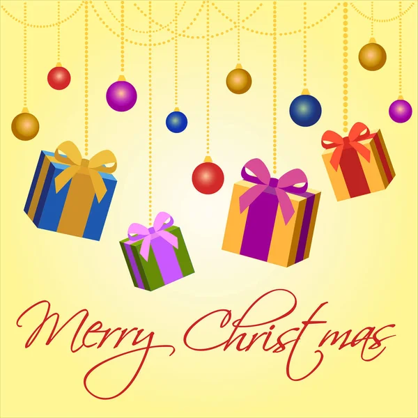 Χαρούμενα Χριστούγεννα κάρτα. Διάνυσμα ευχετήρια κάρτα με χριστουγεννιάτικα δώρα και παιχνίδια. — Διανυσματικό Αρχείο