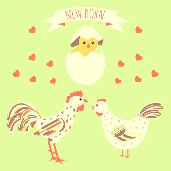 Greeting card with new born chicken — Stock Vector