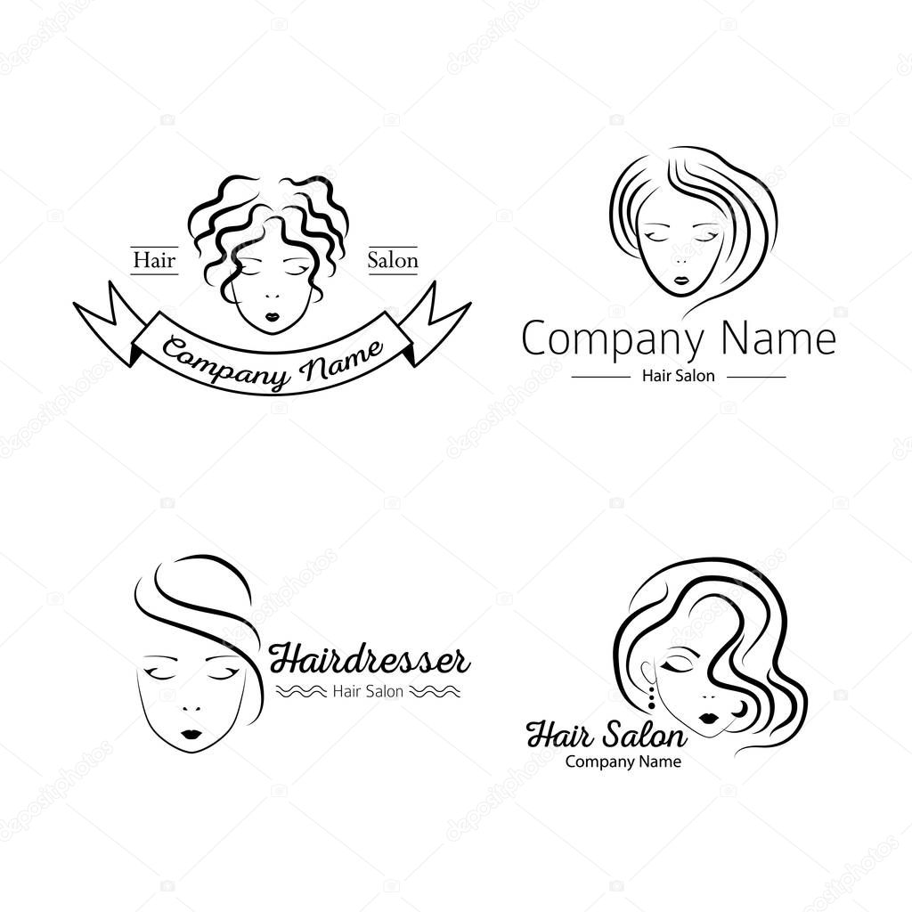 Beauty salon logo set with faces. Vector illustration of woman silhouette in minimalistic sketch style.