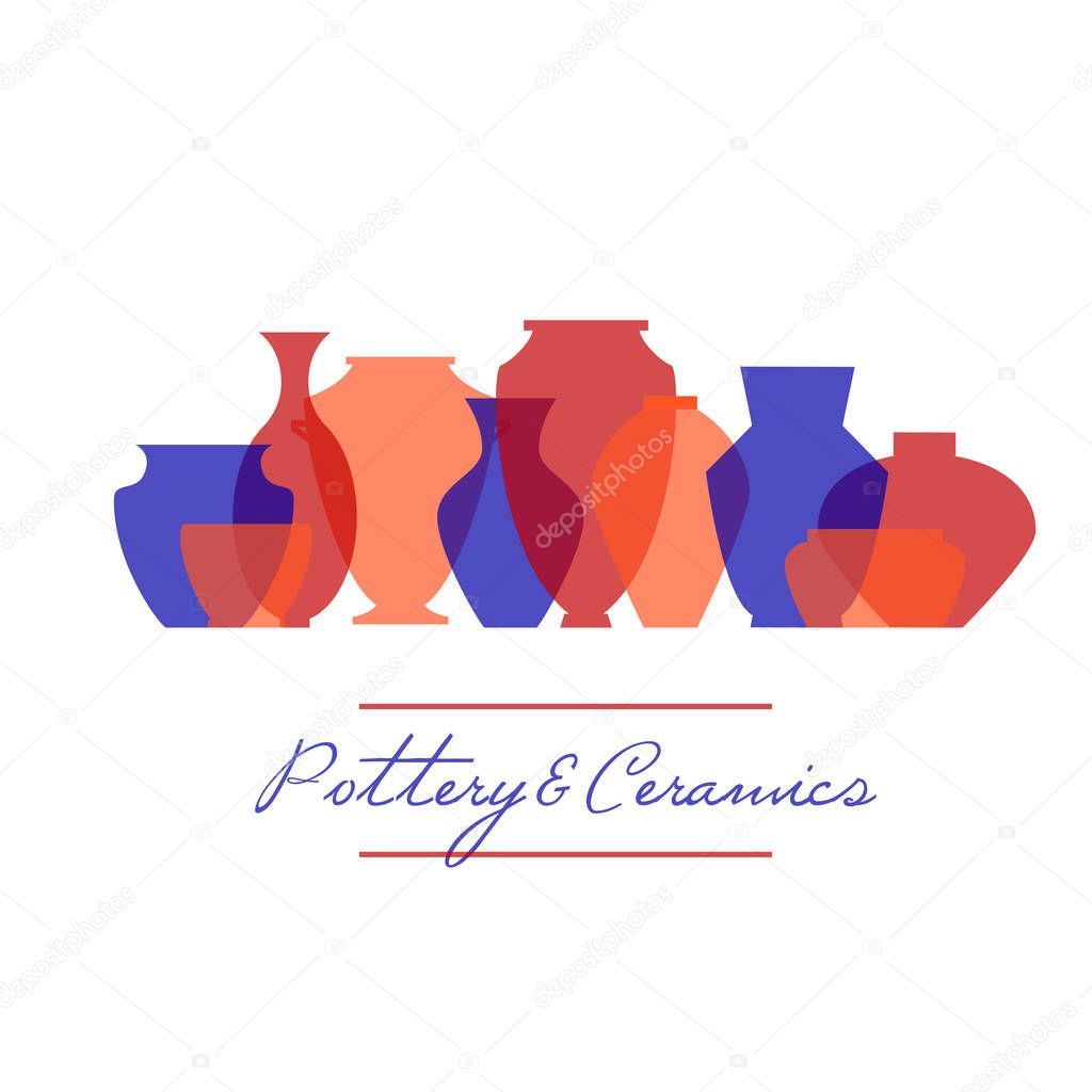 Pottery icon set. Stock vector illustration of classic pot, jar, vase and bowl in one line on white background.
