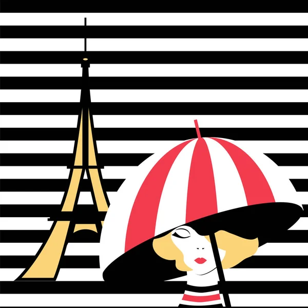 Chica de moda con paraguas en París — Vector de stock