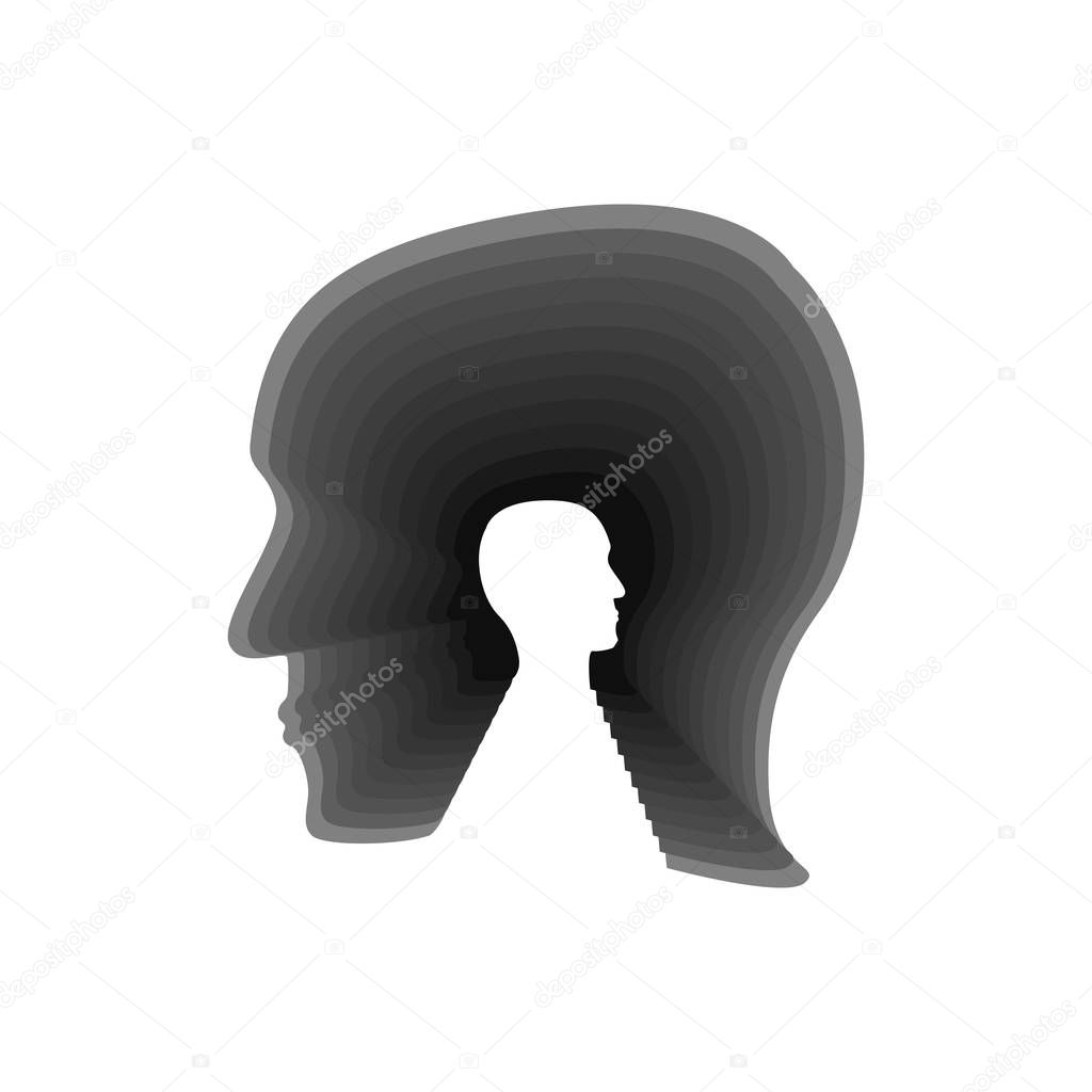 Psychology logo icon isolated on white background. Stock vector illustration of a grey human head with cut out profile inside.