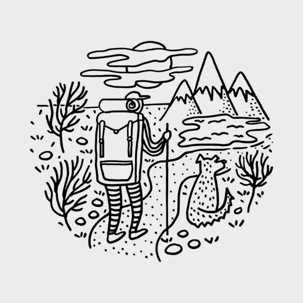 Backpacking hiking man with a dog doodle vector illustration — Stock Vector