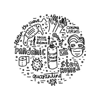 Pandemic epidemic coronavirus quarantine vector lettering doodle clipart