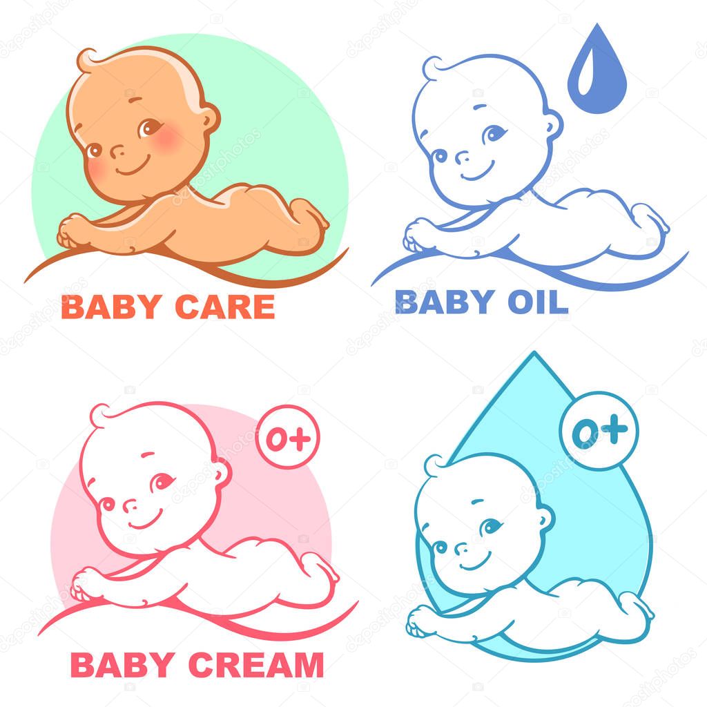 Cute little baby lying on stomach. Concept of baby health and care. Logo for baby product as soap, creme, oil, gel, shampoo. Happy newborn smiling. Vector set of labels isolated.