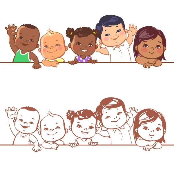 Niños y niñas sonrientes de diferentes razas . — Vector de stock