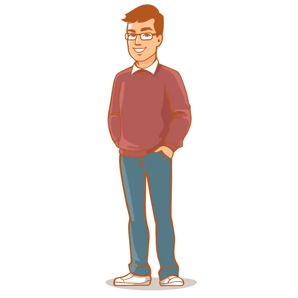 Portrait of handsome man in shirt, jeans, sweater, wearing glasses. — Stock Vector