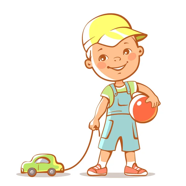 Retrato de lindo niño con coche y pelota . — Vector de stock
