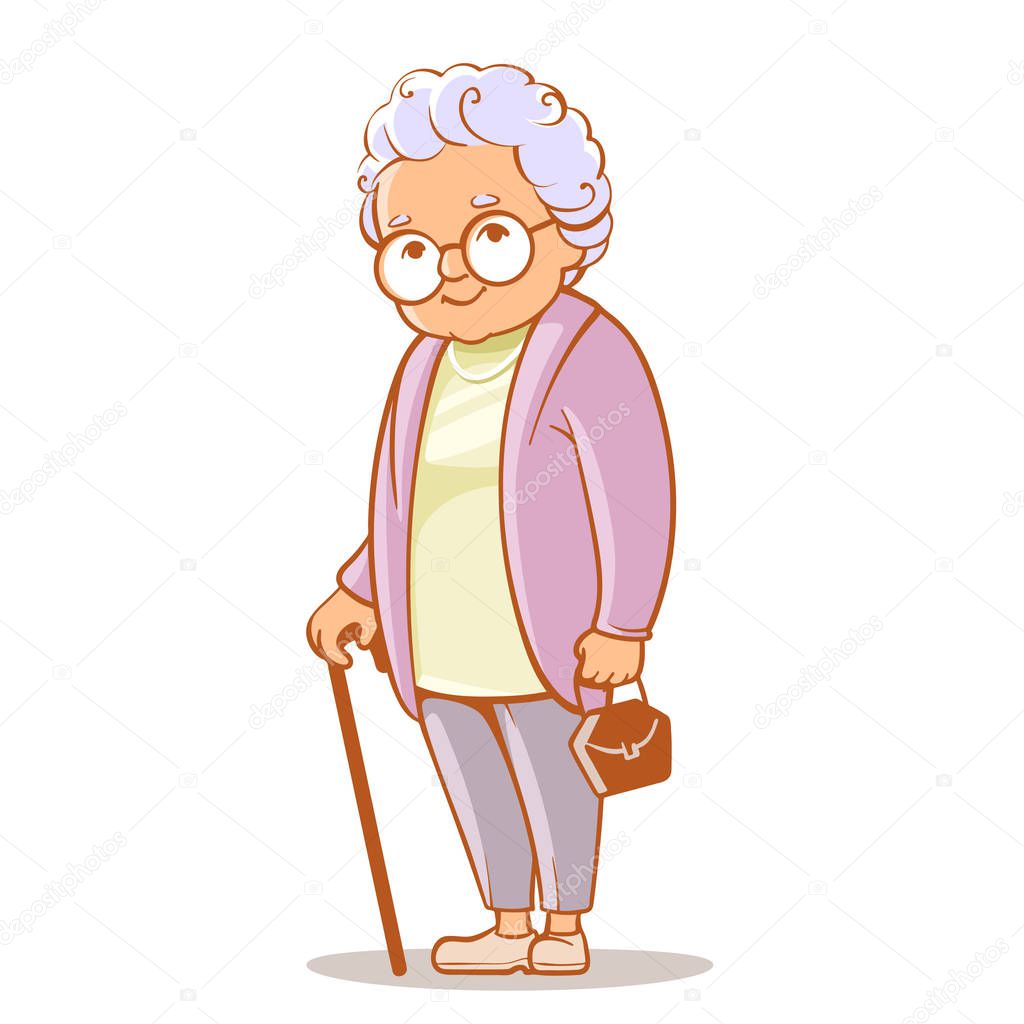 Portrait of cute old woman with bag and  walking stick.