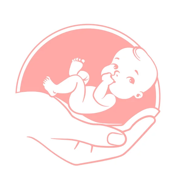 Bebé nas mãos. Logotipo de cuidado do bebê, amor familiar, proteção, gravidez . —  Vetores de Stock