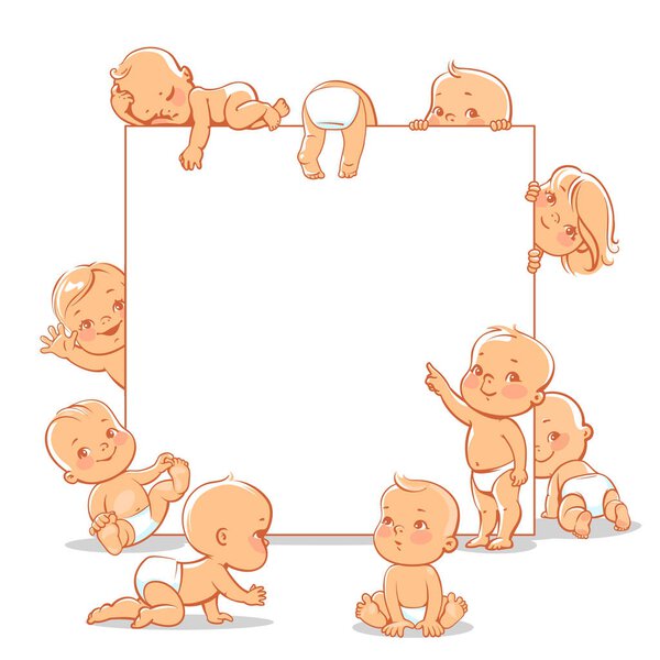 Cute little babies near blank text frame. Happy children in diapers stand, sit,crawl, sleep, waving hand. Kids holding white banner. Active toddlers. Baby health and care vector illustration.