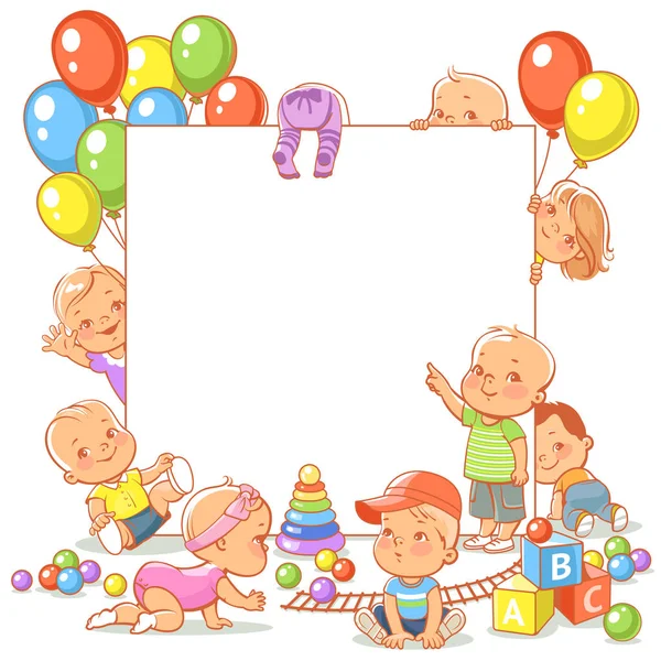 可爱的小婴儿与玩具近空白文本框架 快乐的孩子玩耍 挥动手 男孩和女孩高举白旗 活泼的幼儿 彩色矢量插图 — 图库矢量图片