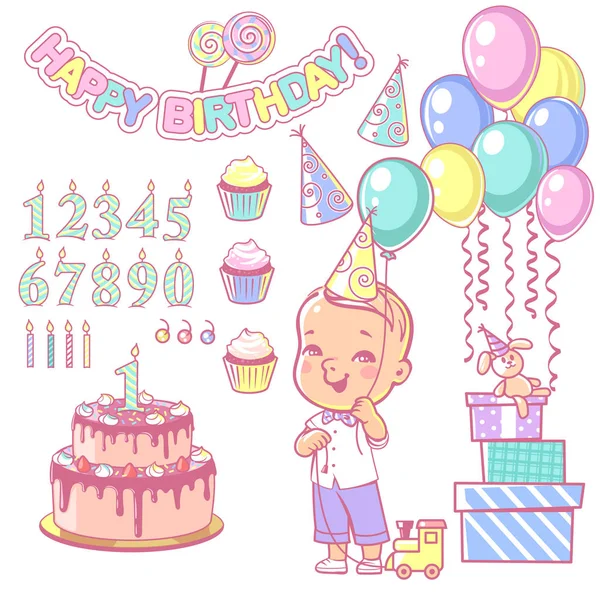 Set Decoración Fiesta Cumpleaños Pastel Cupcakes Constructor Con Conjunto Números — Vector de stock