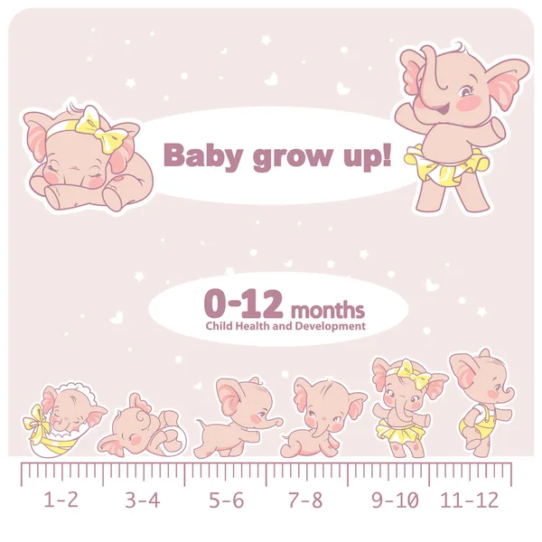 赤ちゃんの健康と発達のアイコンのセットです 新生児から本文幼児期までの赤ちゃんの成長のインフォ グラフィック 最初の ヶ月の少女漫画象 デザイン テンプレートです ベクトル図 — ストックベクタ
