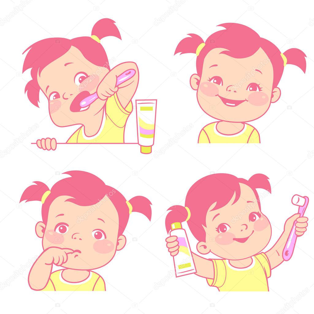 Baby teeth set. Little girl with tooth brush and toothpaste. Happy smiling child with healthy teeth. Sad kid feel toothache. Logo/emblem for medicine or hygiene product. Vector illustration.