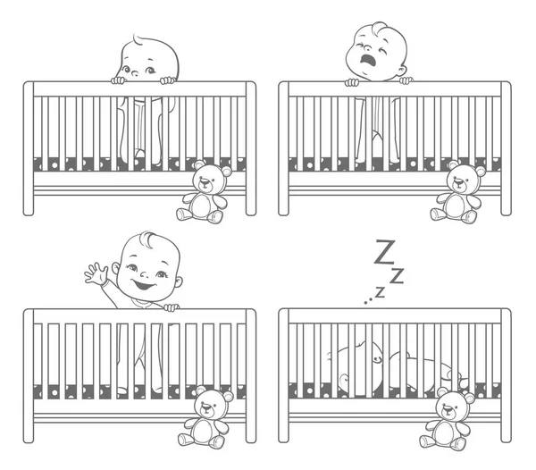Little baby in crib. Baby boy stand in his bed. kid with different emotions. Scared, curious, crying, happy child. Sleeping at night. Time before sleep. Monochrome vector illustration.
