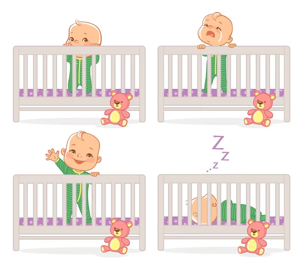 Little baby in crib. Baby boy stand in his bed.  kid with different emotions. Scared, curious, crying, happy child. Sleeping at night. Time before sleep. Vector illustration.
