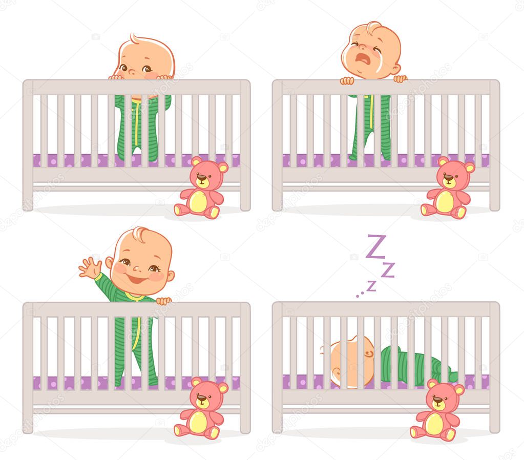 Little baby in crib. Baby boy stand in his bed.  kid with different emotions. Scared, curious, crying, happy child. Sleeping at night. Time before sleep. Vector illustration.