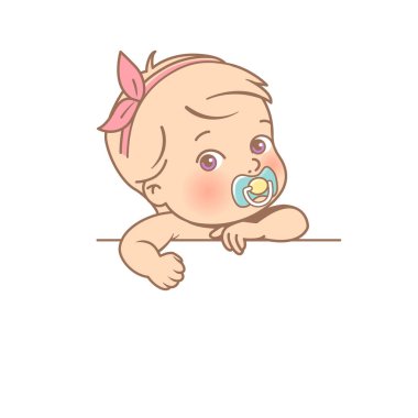 Elinde boş metin elementi olan sevimli, gülümseyen bir bebek.