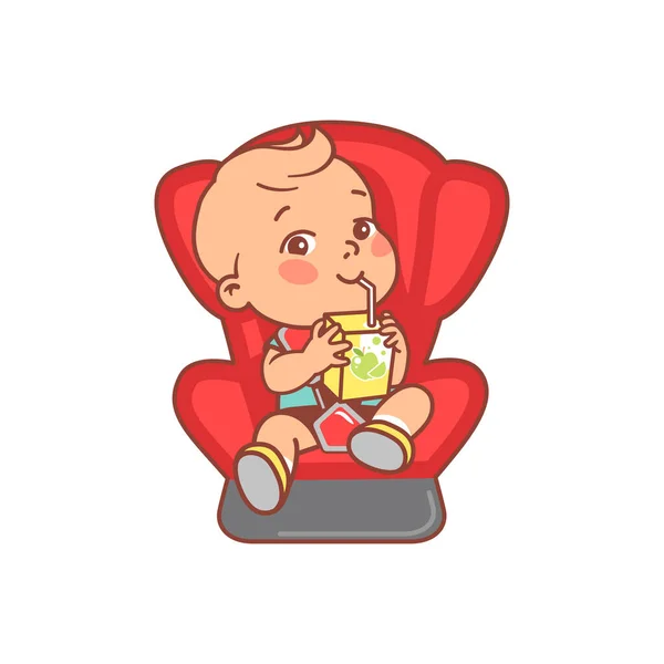 Baby pojke i bil säkerhet säte dricka juice. — Stock vektor