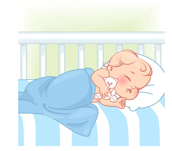 Lindo bebé duerme en la cama. Sueño saludable . — Vector de stock