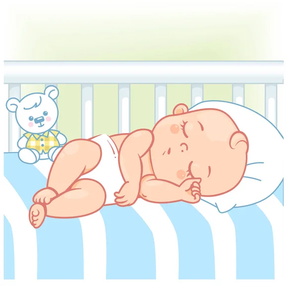 Lindo bebé duerme en la cama. Sueño saludable . — Vector de stock