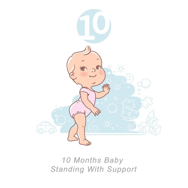 Pequeño bebé de 10 meses. Los hitos del desarrollo del bebé en el primer año — Vector de stock