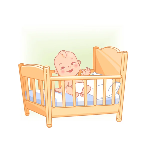 Niedliches kleines Baby sitzt wach im Bett. — Stockvektor