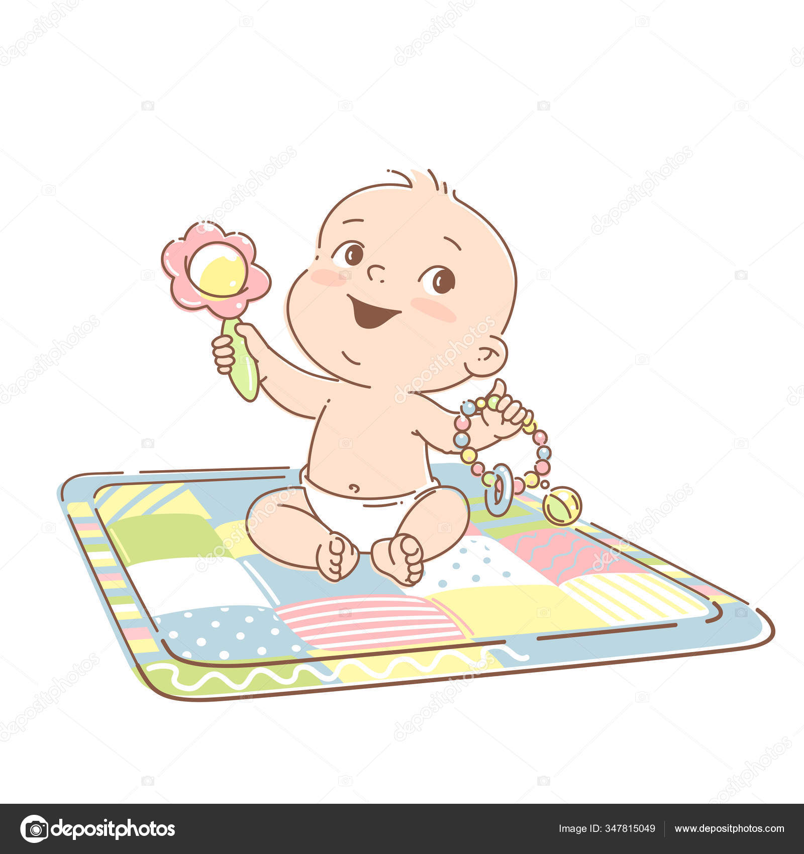 Bebé sentarse en la alfombra de juego con juguetes Vector de