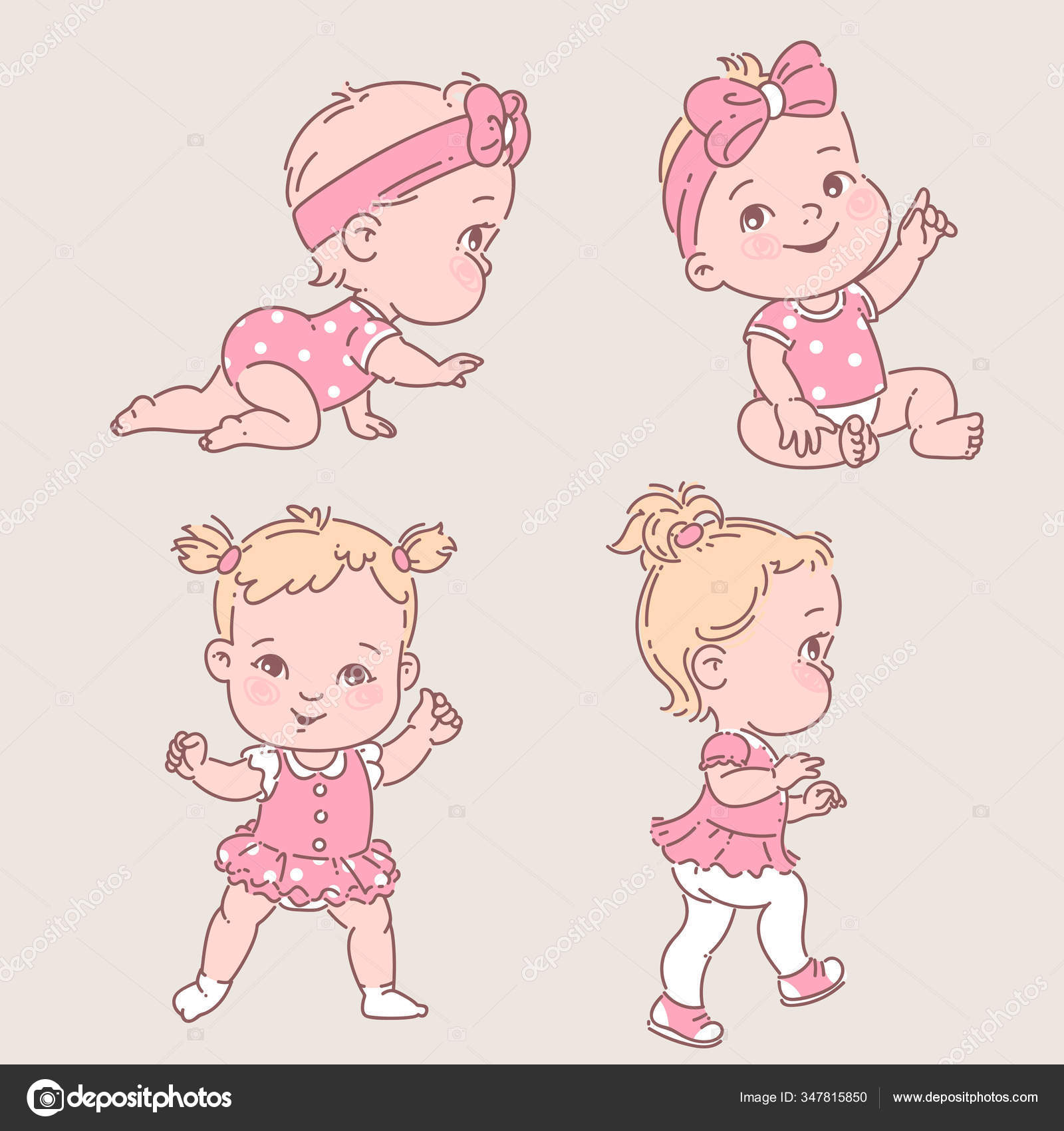 Baby girl in clothes. Cute active little girl crawling, sitting,standing, walking. Stock Vector Image by ©Natoushe #347815850 Baby girl in clothes. Cute active little girl crawling, sitting,standing, walking. Stock Vector Image by ©Natoushe #347815850