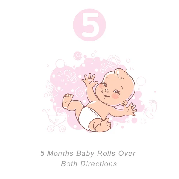 Pequeño bebé de 5 meses. Los hitos del desarrollo de los bebés en el primer año — Vector de stock