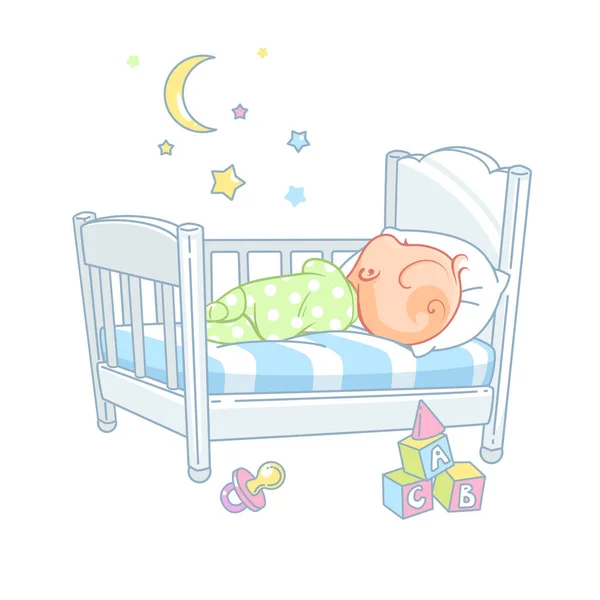 귀여운 아기가 침대에서 잔다. 건강 한 수면. — 스톡 벡터