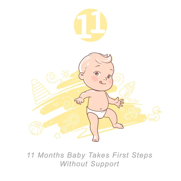 Pequeño bebé de 11 meses. Los hitos del desarrollo del bebé en el primer año. — Vector de stock