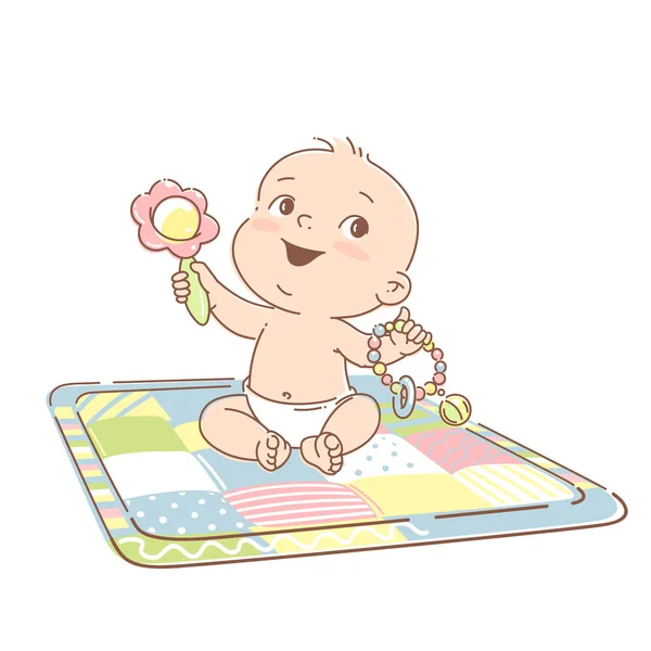 Baby sit on playing mat with toys. — Stock Vector