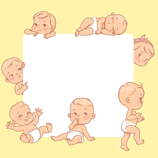 Lindos bebés cerca de marco de texto en blanco . — Vector de stock