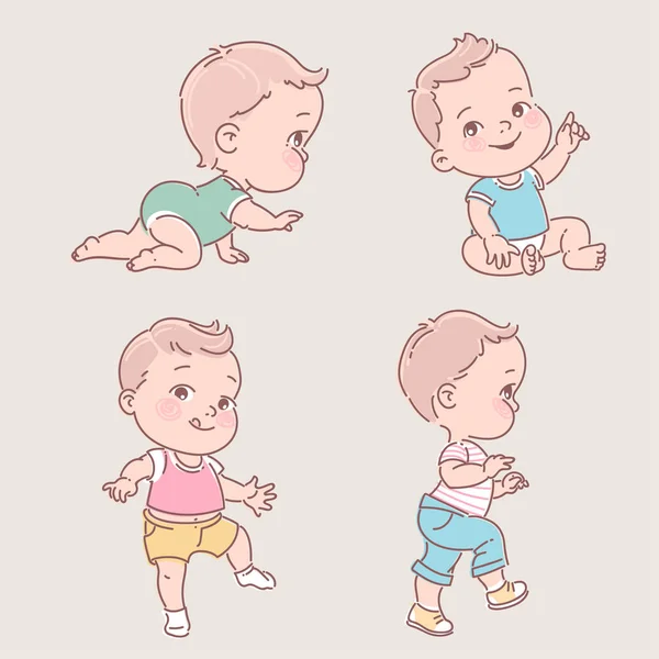 Baby boy in clothes. Cute active little boy crawling, sitting,standing, walking. — Stock Vector