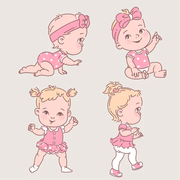 Baby girl in clothes. Cute active little girl crawling, sitting,standing, walking. — Stock Vector