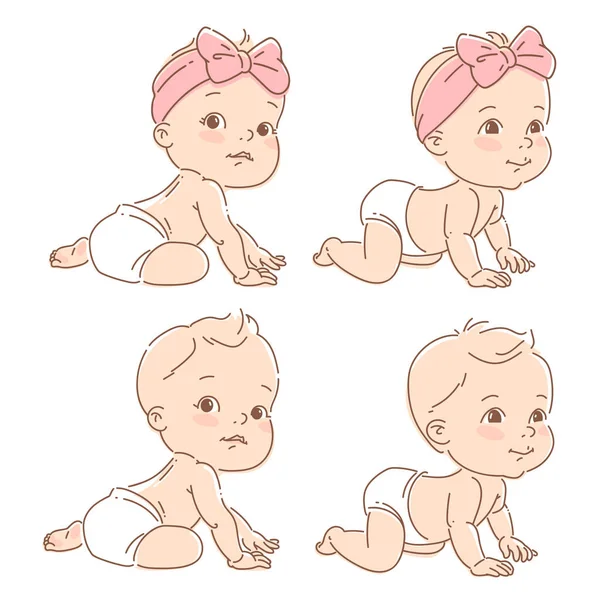 Set with little baby boy and girl in diaper, sit, crawl. — Stock Vector