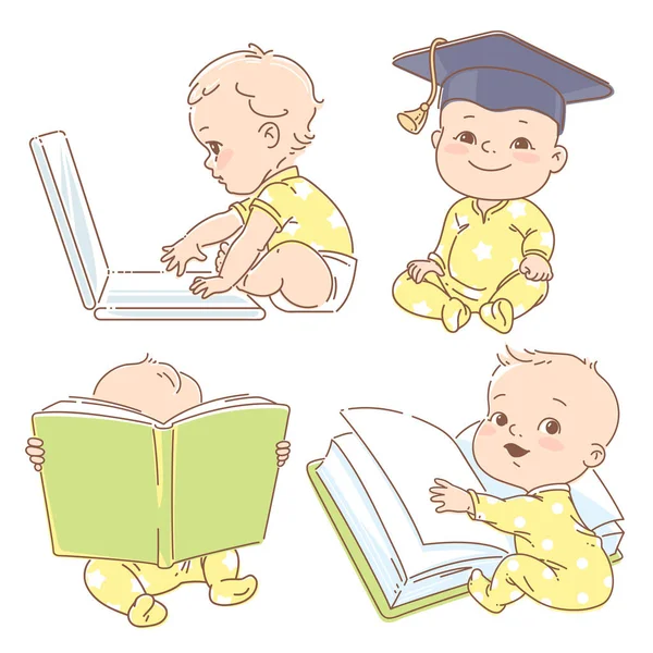 Set med geniala smarta bebisar i pyjamas, studera. — Stock vektor
