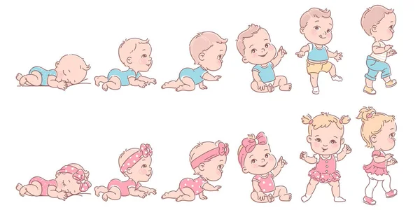 Baby girl and boy in row. Set of child health and development icons in line. — Stock Vector