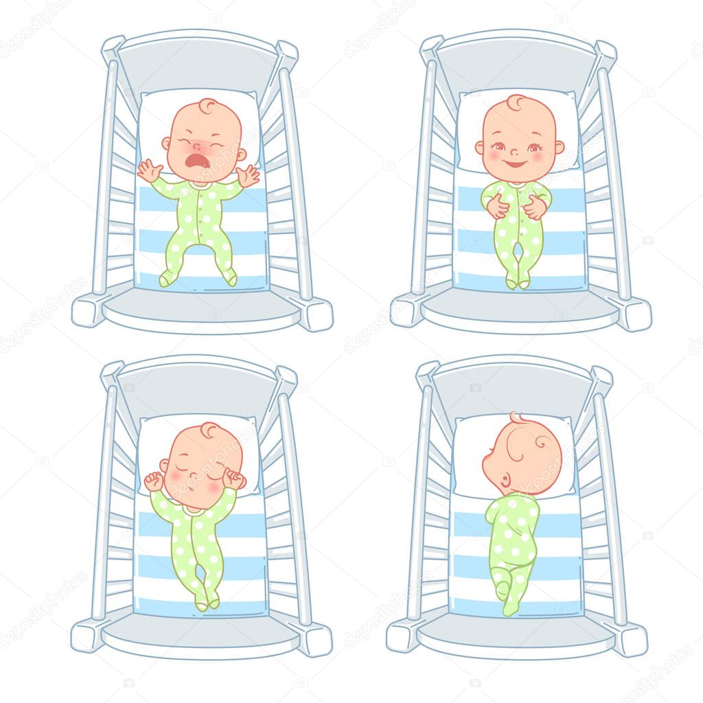 Cute little baby in bed. Set of illustrations.